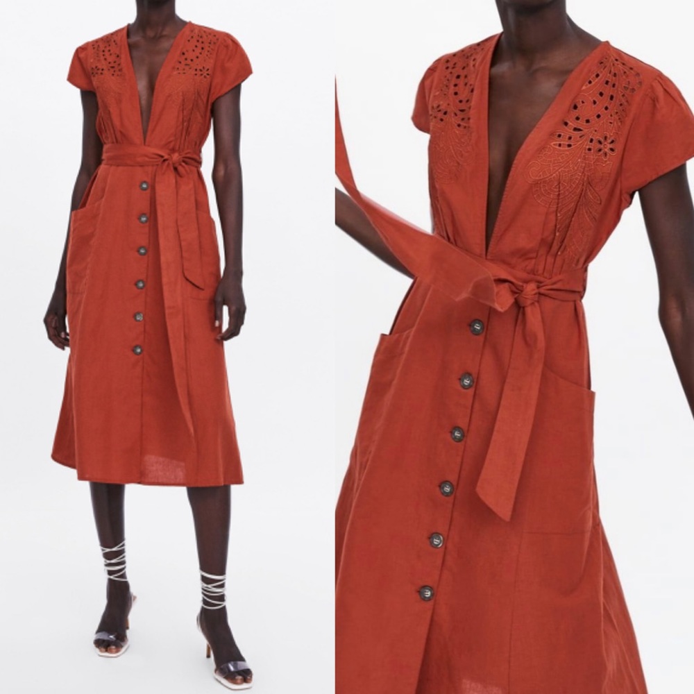 Zara Terracotta Embroidered Button Front Midi Dress